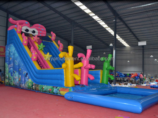Le jardin des enfants, la fête, le trampoline gonflable, le toboggan et la piscine.