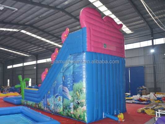 Le jardin des enfants, la fête, le trampoline gonflable, le toboggan et la piscine.
