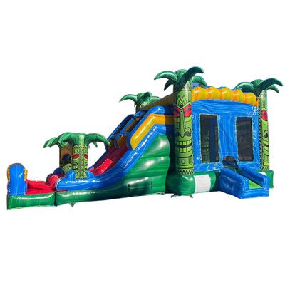 Jeux de trampoline à saut pour enfants Green inflatable Tiki Huk Castle Combo Slide Pool