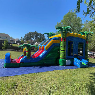 Jeux de trampoline à saut pour enfants Green inflatable Tiki Huk Castle Combo Slide Pool