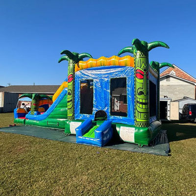 Jeux de trampoline à saut pour enfants Green inflatable Tiki Huk Castle Combo Slide Pool