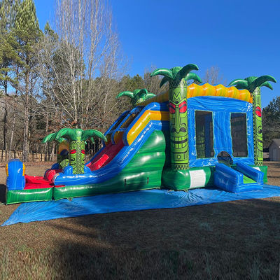 Jeux de trampoline à saut pour enfants Green inflatable Tiki Huk Castle Combo Slide Pool