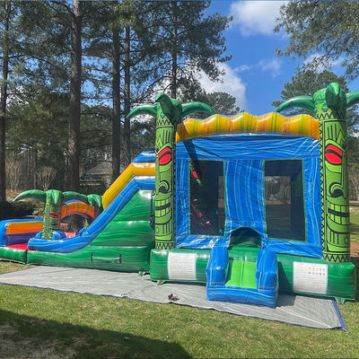 Jeux de trampoline à saut pour enfants Green inflatable Tiki Huk Castle Combo Slide Pool