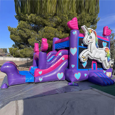 Kit de réparation fourni Commercial PVC arc-en-ciel maison de rebond unicorne avec toboggan et piscine