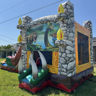 Location de soirée incontournable Personnaliser Accepté Thème Jurassique Dinosaur Commercial PVC maison gonflable avec glissement