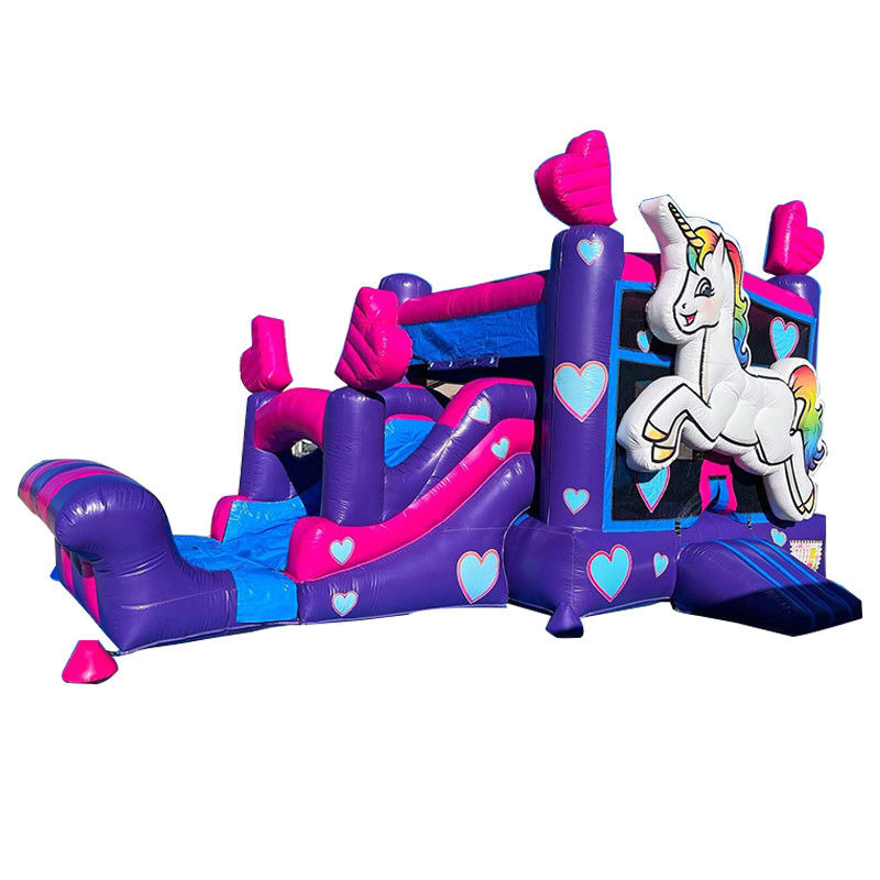 Kit de réparation fourni Commercial PVC arc-en-ciel maison de rebond unicorne avec toboggan et piscine
