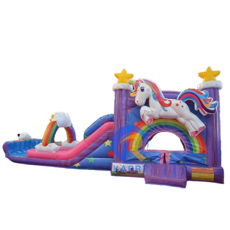Maison gonflable en PVC arc-en-ciel unicorne avec glissement de piscine gonflable et jeu 3 en 1