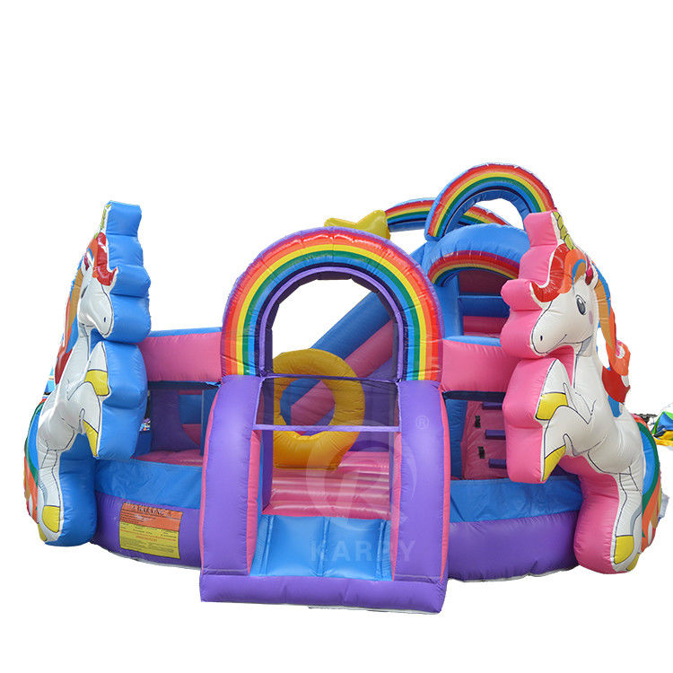 Outdoor Fun Commercial 0.55mm PVC arc-en-ciel unicorne gonflable avec glisser-déposer humide à sec